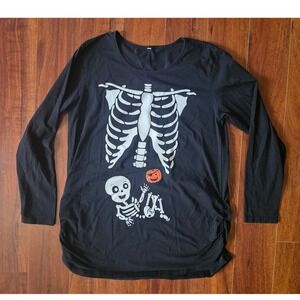 Maternity Halloween Skeleton Baby Pumpkin Graphic Long Sleeve Ruched Shirt XL
